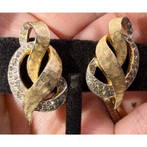 Vintage Panetta Earrings Gold Tone Rhinestone Ribbon Clip